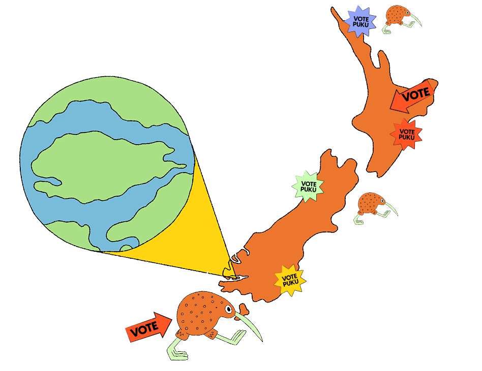 Animation of a map of New Zealand with signs acorss the country saying "vote puku".