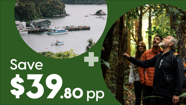 Promotional graphic showing a ferry docked in a bay alongside a couple with a tour guide walking in a lush forest, with text reading “Save $39.80 pp.”