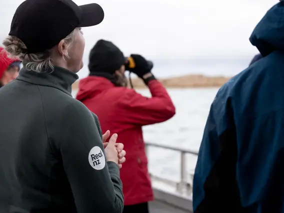 A group of guests try to spot wildlife from a cruise boat, one using binoculars. 