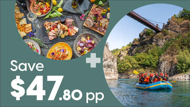 Promotional graphic showing a gourmet BBQ spread alongside a group rafting on a river beneath a suspension bridge, with text reading “Save $47.80 pp.”