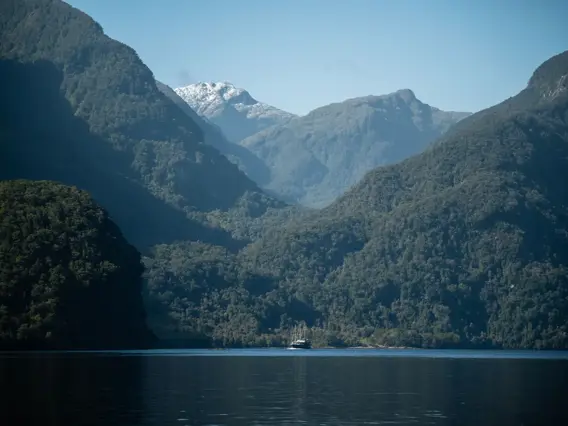 A scenic view of Milford Sound, featuring a calm body of water surrounded by towering forested mountains, with a snow-capped peak visible in the distance. A small cruise vessel, The Mariner, is seen in the fjord, adding a sense of scale to the dramatic landscape.