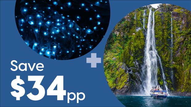 Promotional graphic showing shimmering glowworms alongside a boat under a waterfall in Milford Sound, with text reading “Save $34 pp.”