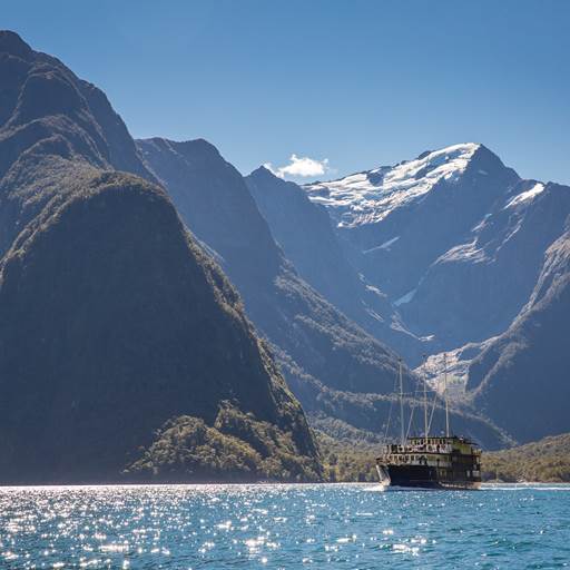Boat, water and mountains in spectacular Milford Sound