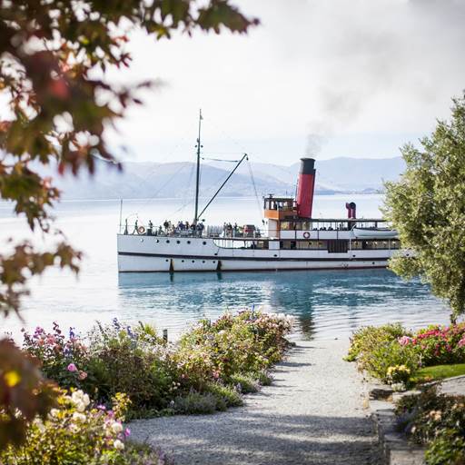 Vintage Steamship, TSS Earnslaw, from the gardens at Walter Peak High Country Farm