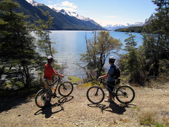 Two cyclists at Mavora Lakes 