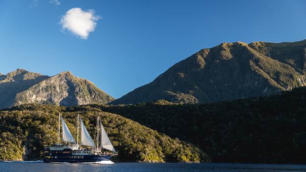 Fiordland Navigator sailing through Doubtful Sound with sails up