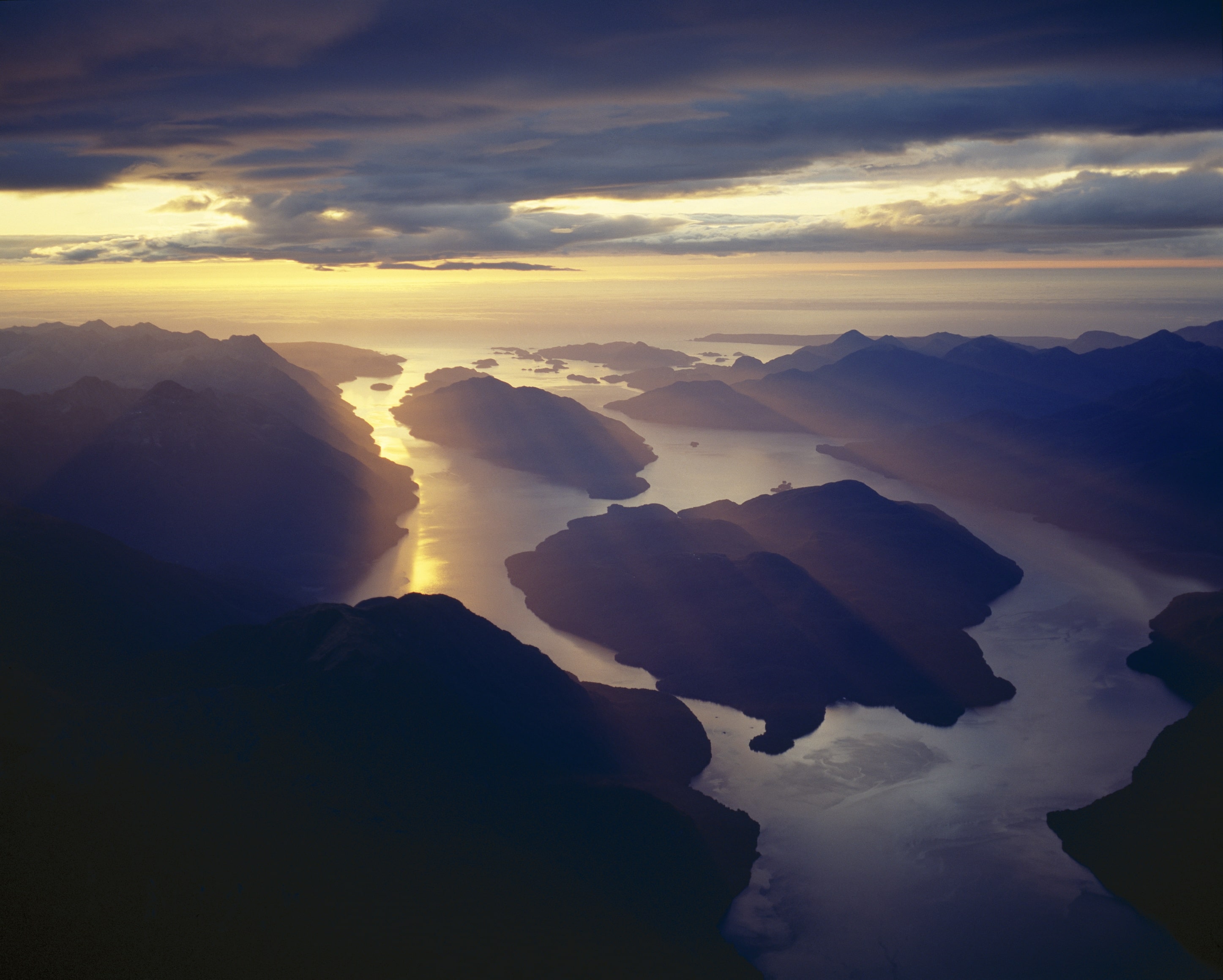 Looking down on Cooper Island in Dusky Sound at sunrise