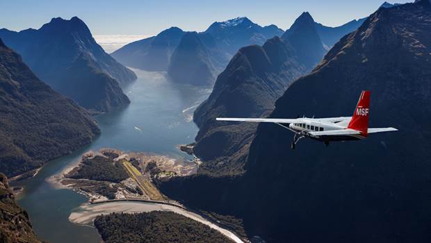 Plane approaching Milford Sound