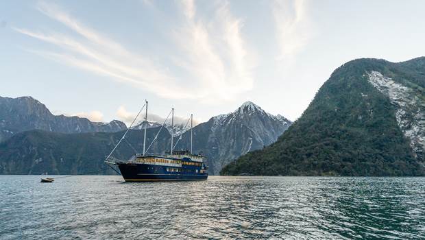 Milford Mariner docked in Milford Sound for Overnight Cruise 