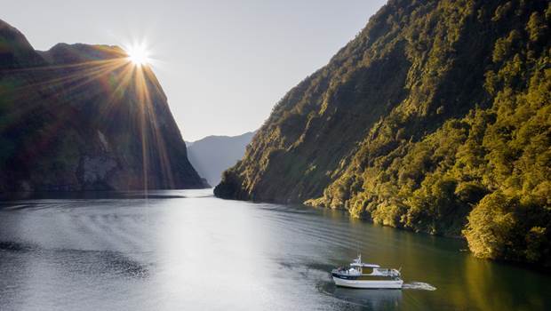 Aerial shot of boat cruising on Doubtful Sound