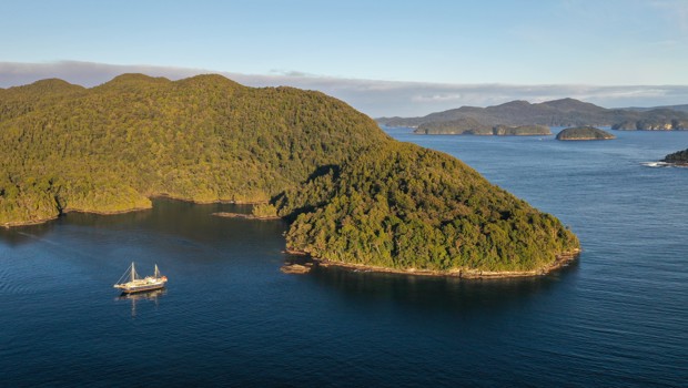 A sail boat cruises on Preservation Inlet on a sunny day
