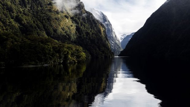 Steep, forested mountains rise above calm, reflective water in a misty Doubtful Sound.