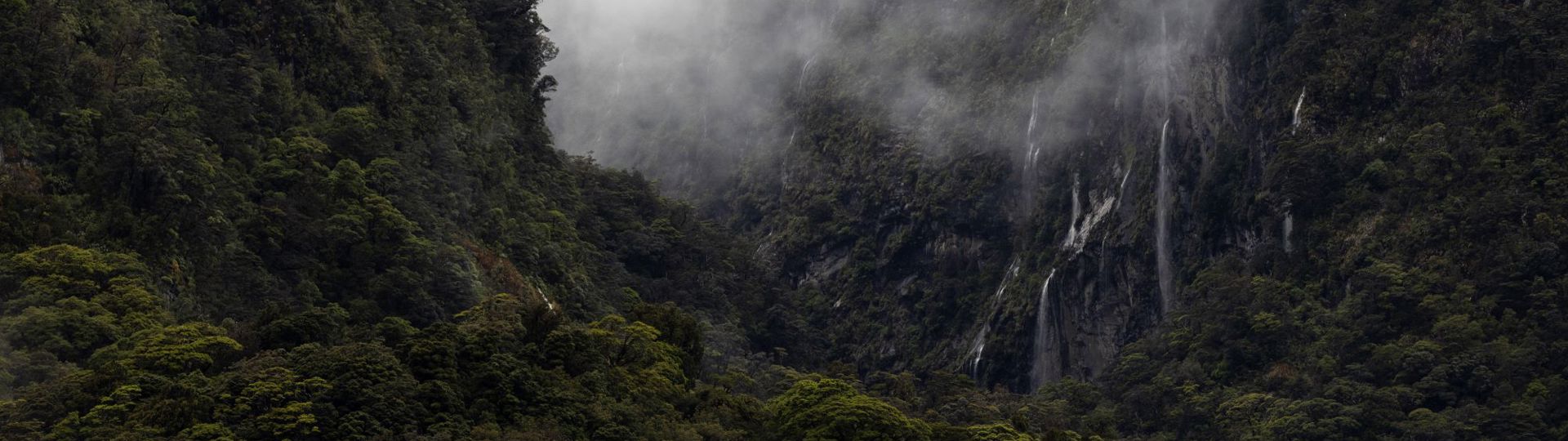 Doubtful Sound waterfalls on a cloudy day