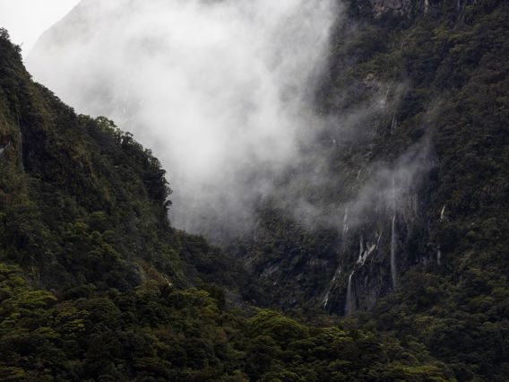 Doubtful Sound waterfalls on a cloudy day