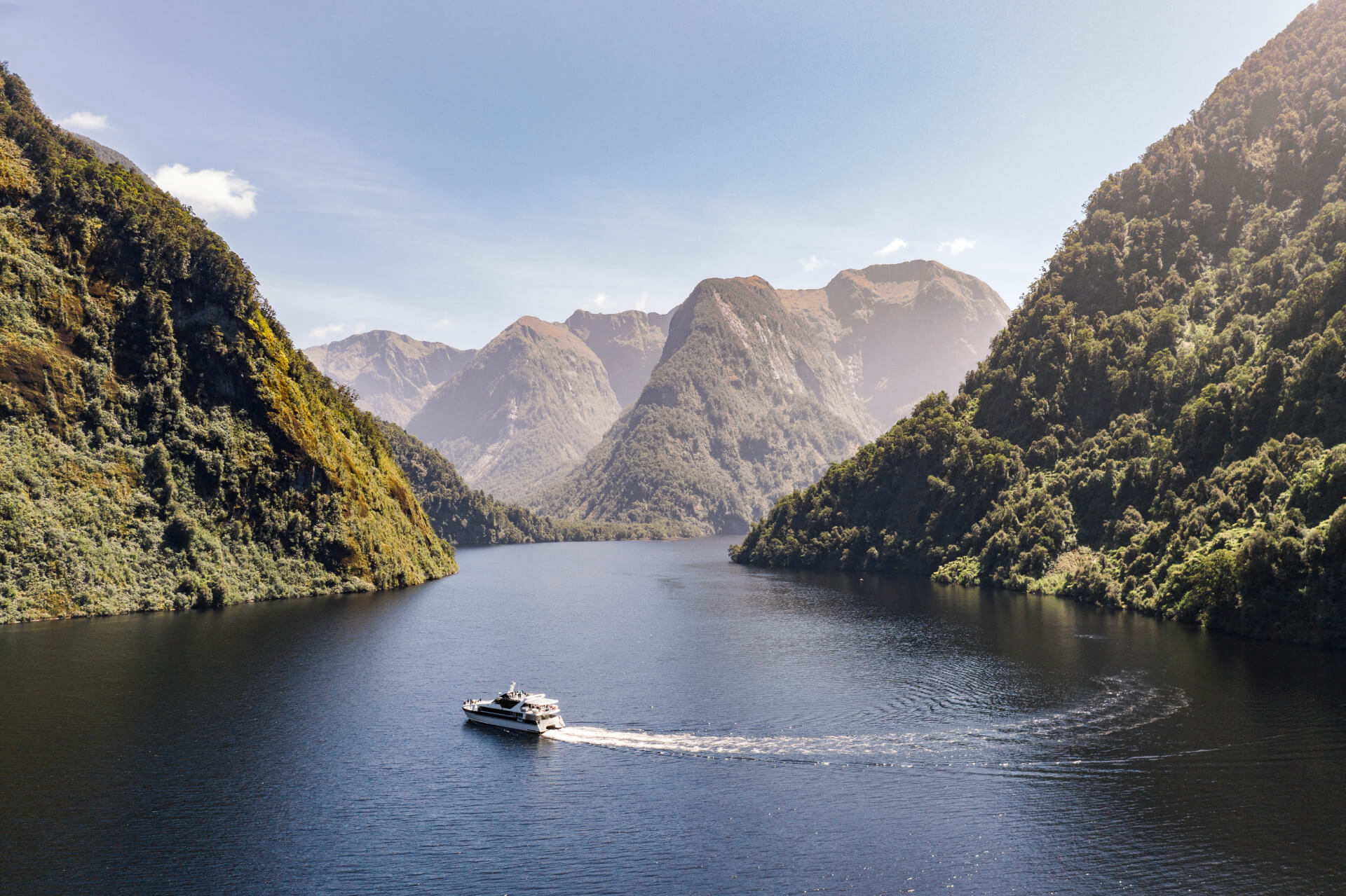 A cruise boat turns around in an arm of Doubtful Sound, NZ.