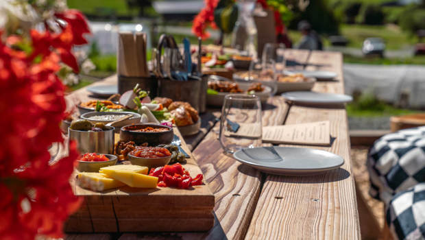 Close-up of a rustic wooden table filled with colorful platters of fresh food, set outdoors against a backdrop of greenery and sunshine.