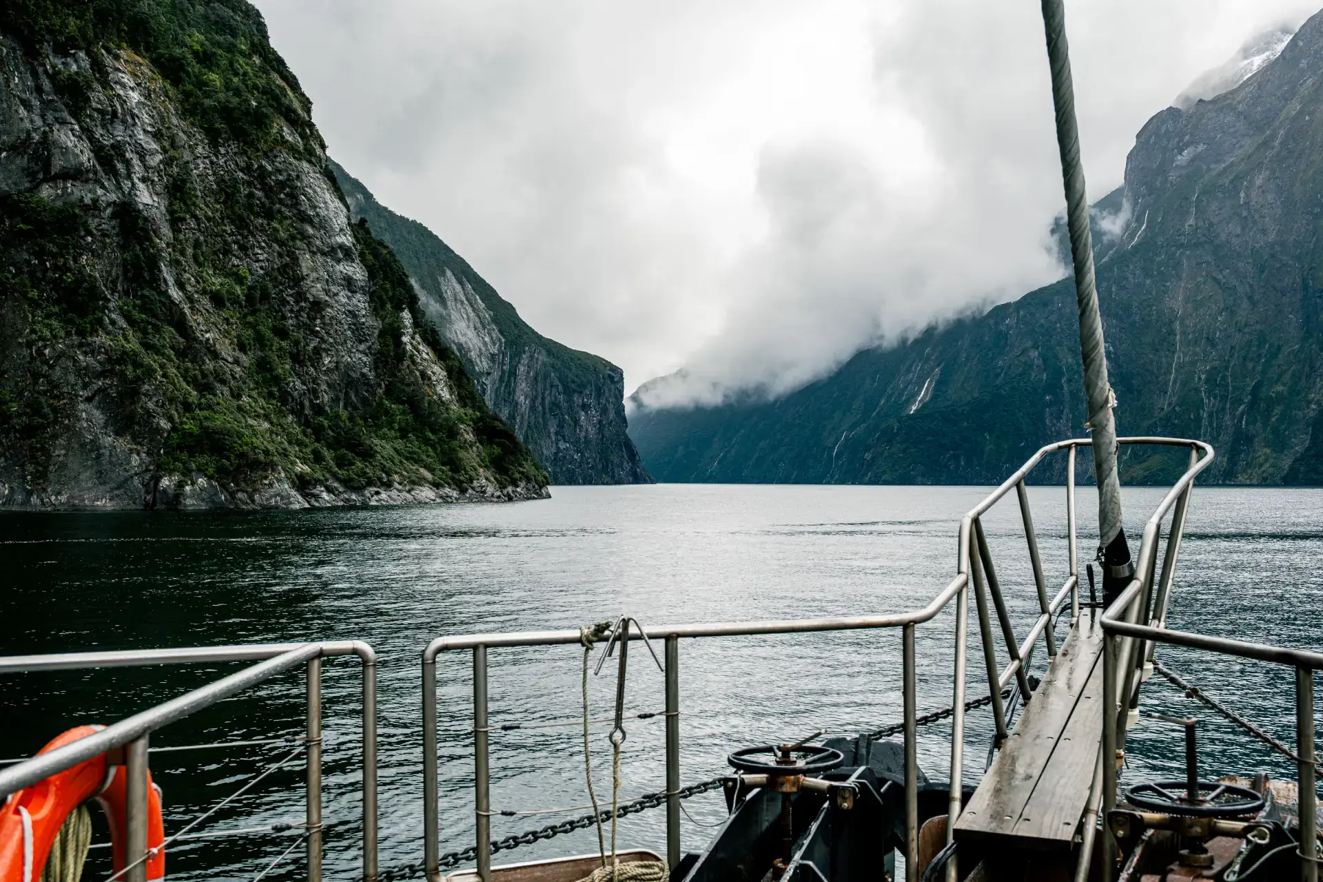 View of Milford Sound from the front deck while cruising on the Milford Mariner. 