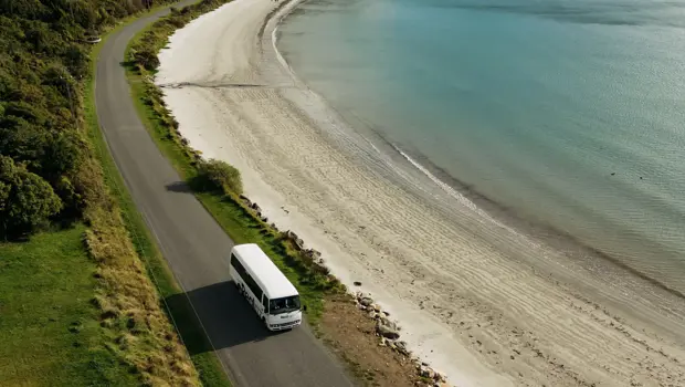 RealNZ coach travelling along a coastal road beside a sandy beach.