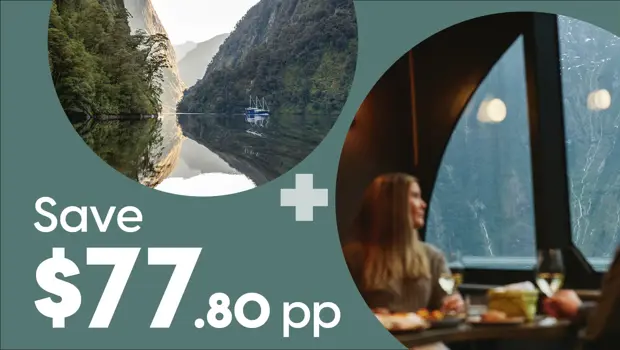 RealNZ travel package promotional banner featuring two circular photos: Doubtful Sound overnight cruise vessel and a a couple eating and drinking on a boat in Milford Sound, with "Save $77.80pp" text on a green background.