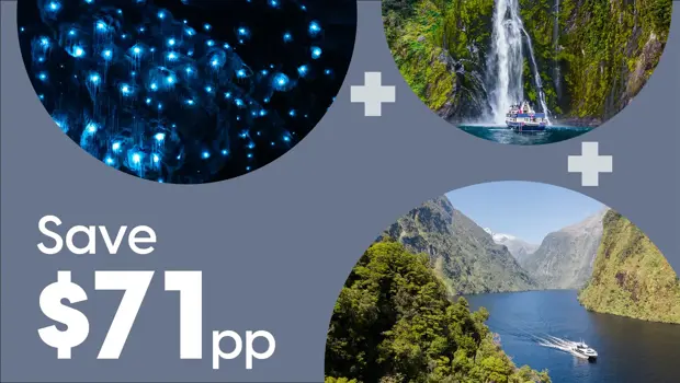 RealNZ travel package promotional banner featuring three circular photos: glowworms in a cave, a boat near a waterfall in Milford Sound, and an aerial view of Doubtful Sound, with "Save $71pp" text on a grey background.