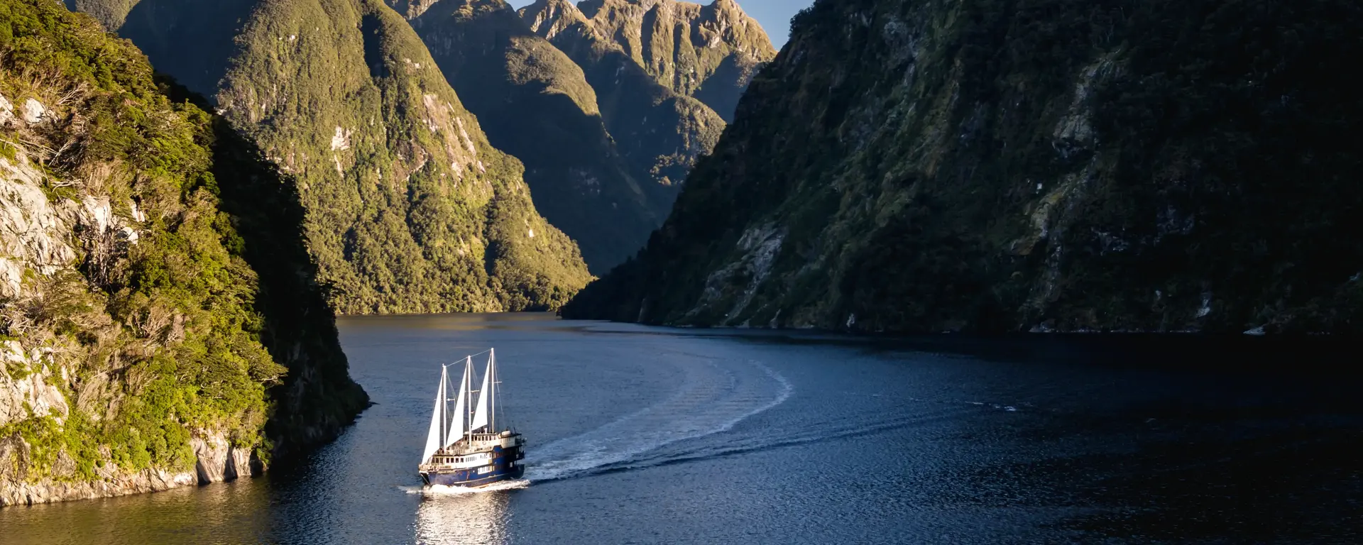 Cruise vessel sailing through the dramatic mountains of Doubtful Sound.