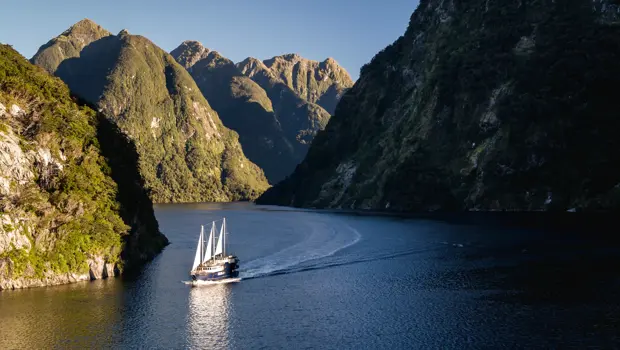 Cruise vessel sailing through the dramatic mountains of Doubtful Sound.