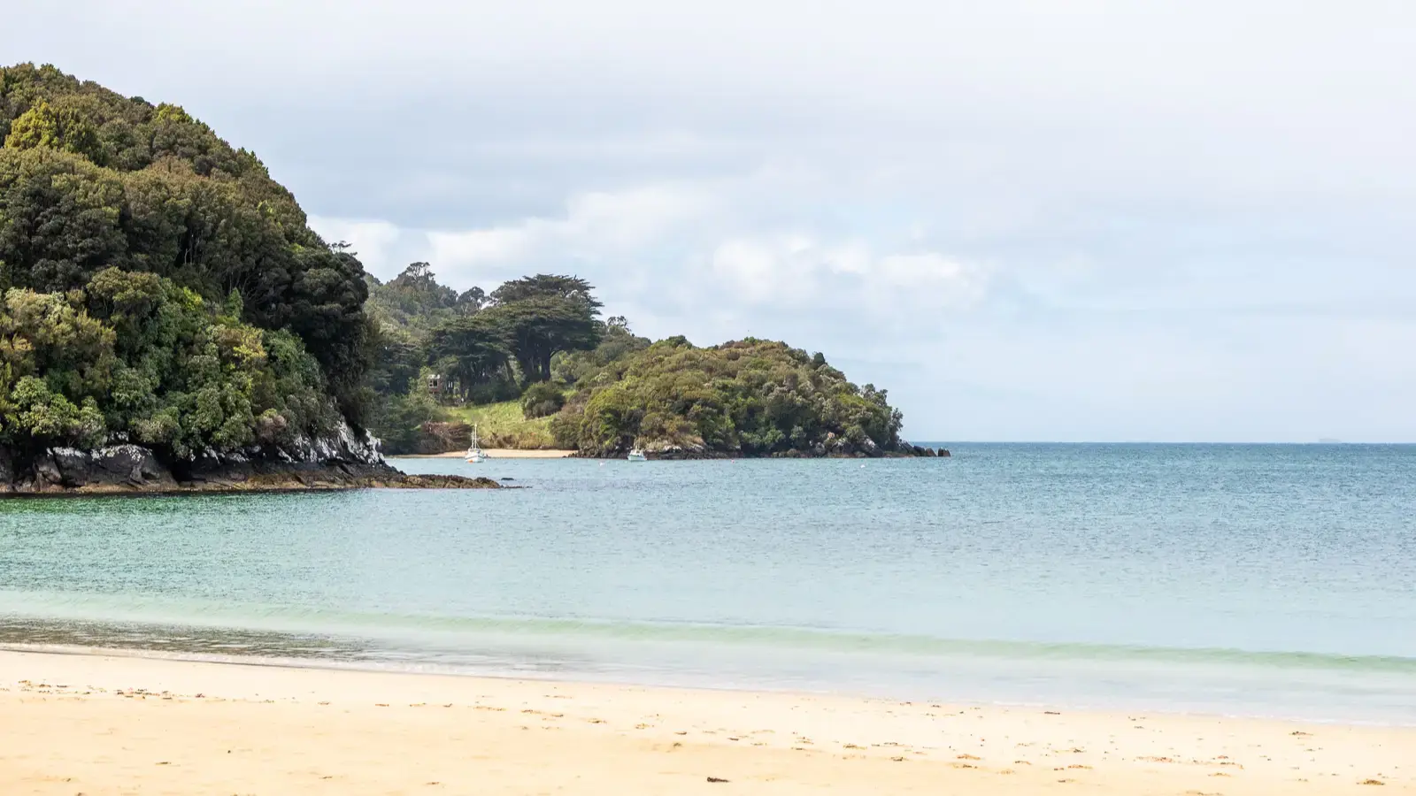 Sandy beach overlooking turquoise water and a forested coastline.