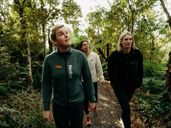Three people walking through dense native forest on Oneke Island.