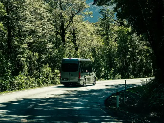 Coach travelling along a road through lush mountain forest.