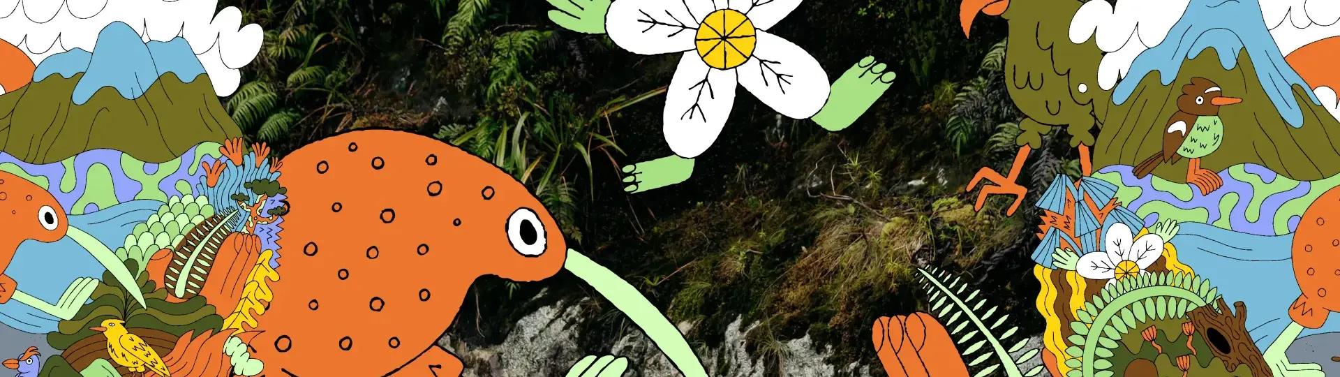 Illustrated alpine landscape with native flowers and a large orange kiwi bird.