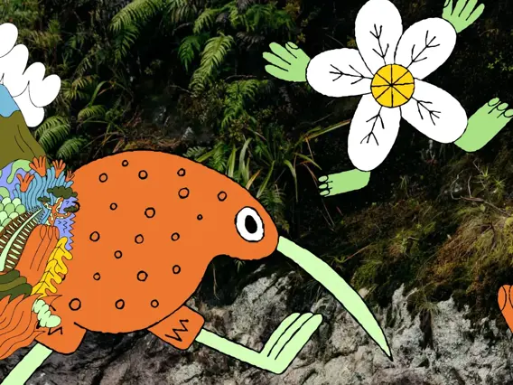 Illustrated alpine landscape with native flowers and a large orange kiwi bird.