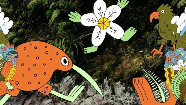 Illustrated alpine landscape with native flowers and a large orange kiwi bird.