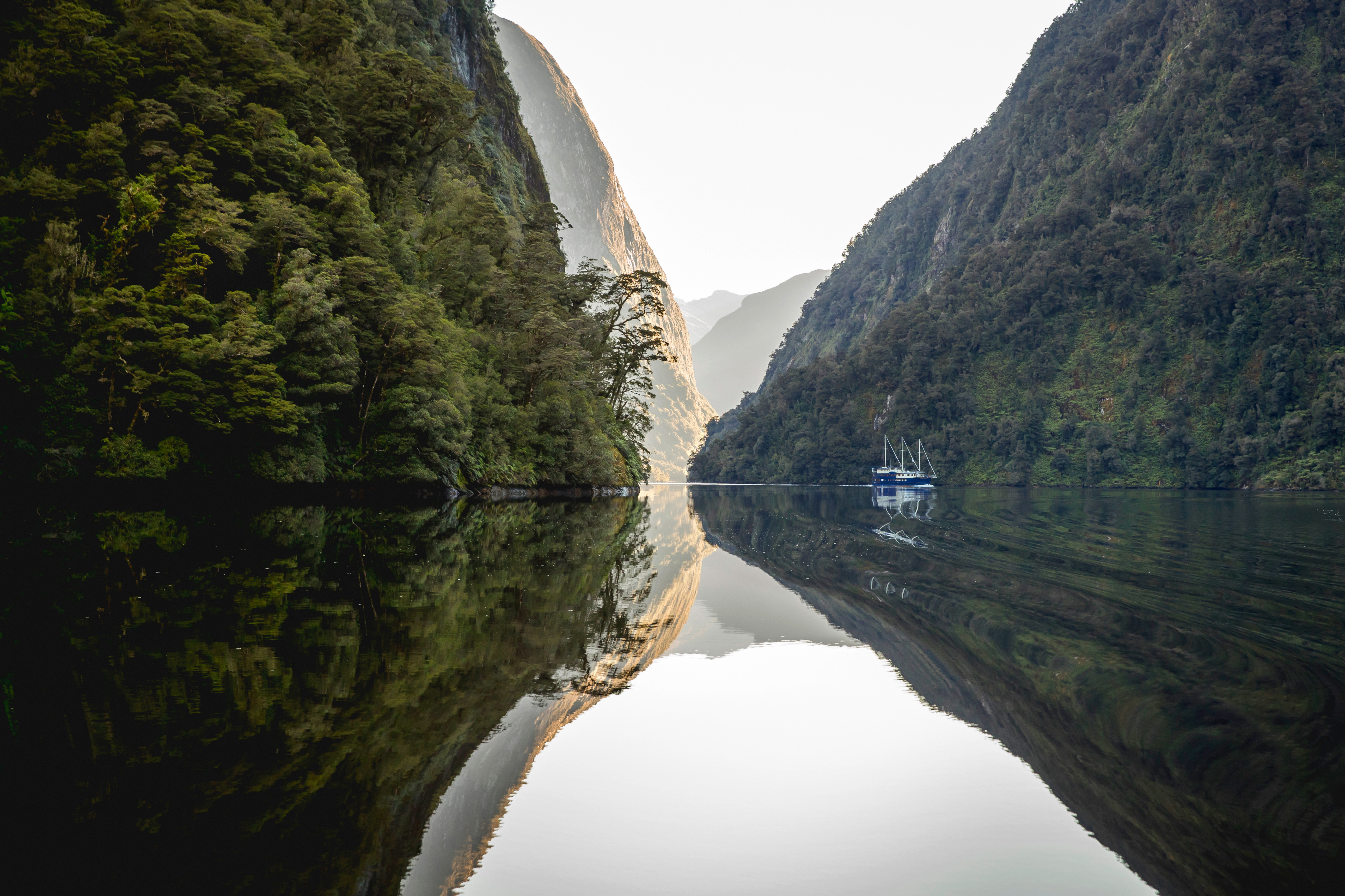 An overnight cruise boat docks for the night in a quiet arm of Doubtful Sound on clear reflective water.