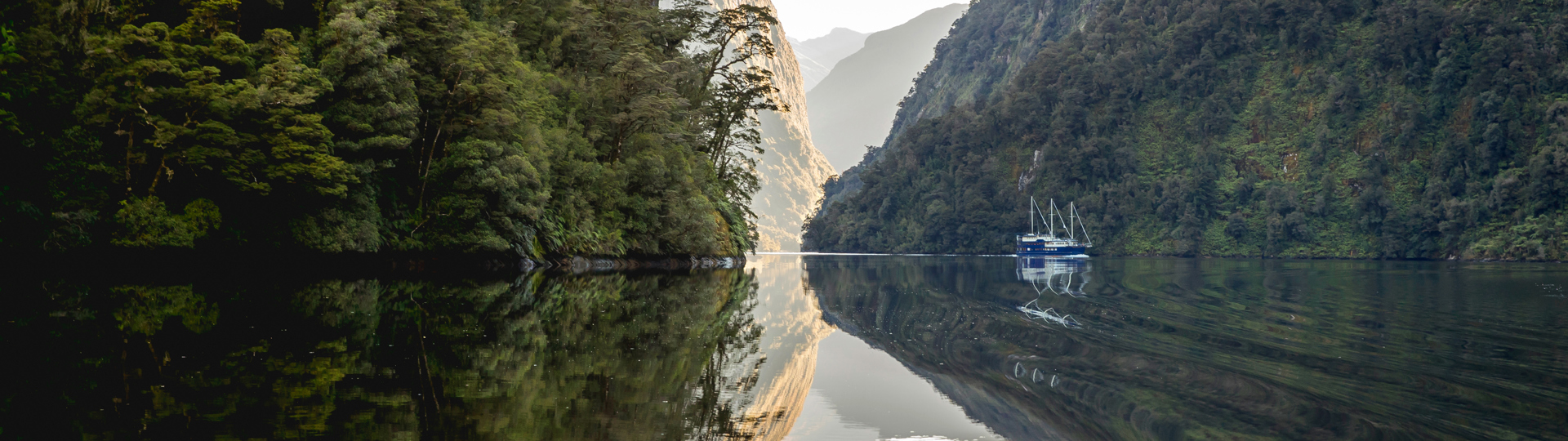 An overnight cruise boat docks for the night in a quiet arm of Doubtful Sound on clear reflective water.
