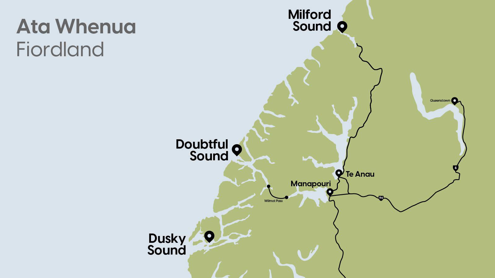 A map of Fiordland on the South Island of New Zealand, pinpointing Milford Sound, Doubtful Sound, Dusky Sound, Te Anau and Manapouri. 