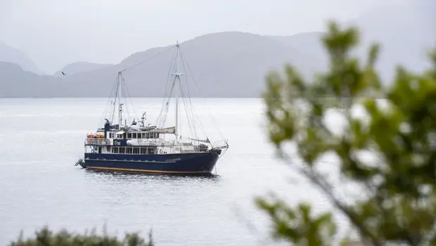 Expedition vessel cruising through the calm waters of Preservation Inlet.
