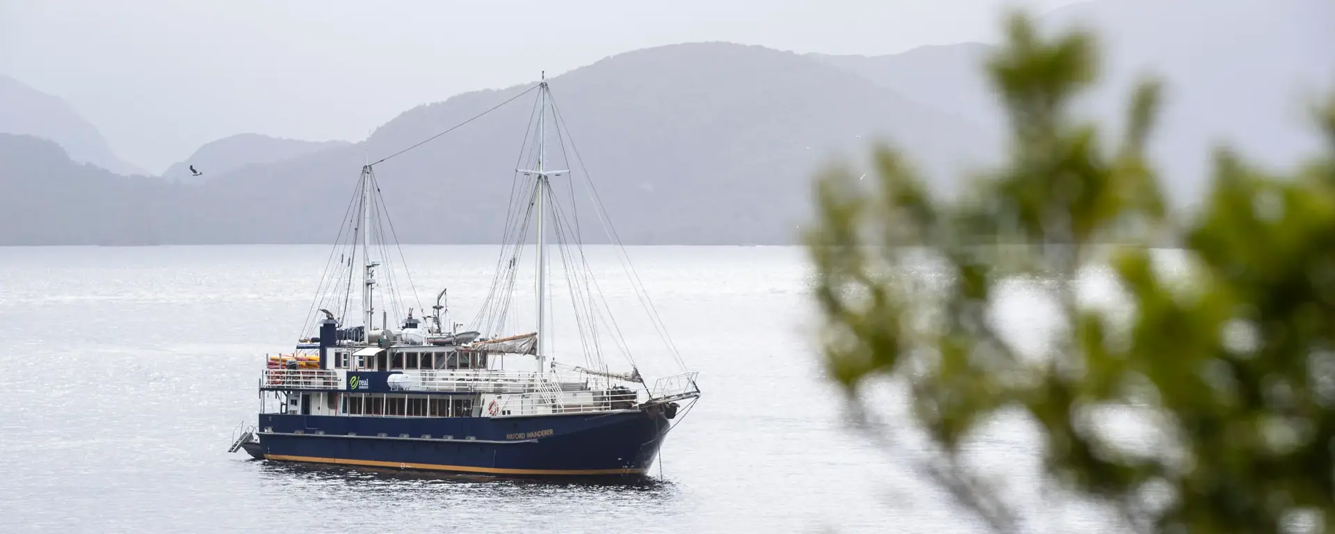 Expedition vessel cruising through the calm waters of Preservation Inlet.