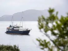 Expedition vessel cruising through the calm waters of Preservation Inlet.