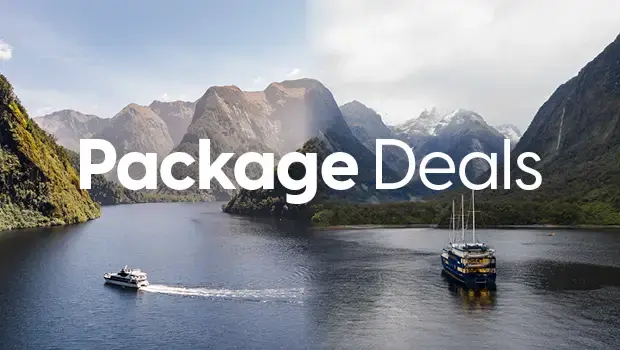 Package Deals promotional banner featuring a scenic fjord landscape with two boats sailing on calm waters surrounded by dramatic mountains.
