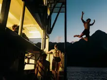 Guest jumping from a cruise vessel at sunset.