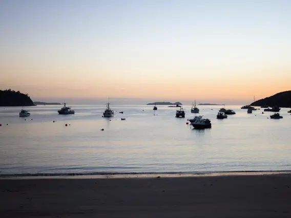 Calm coastal bay at golden hour with sailboats in the distance.