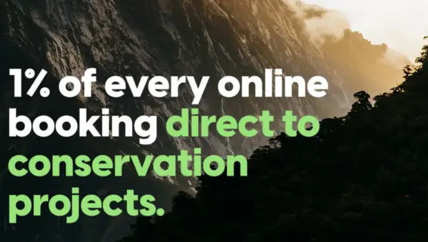 Mountain landscape with text: “1% of every online booking direct to conservation projects.”