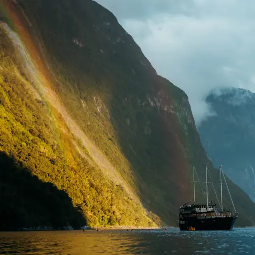 Cruise vessel sailing through dramatic sunlit mountains in Milford Sound.