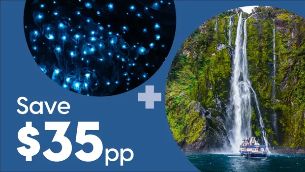 RealNZ travel package promotional banner featuring two circular photos: glowworms in a cave and a boat near a waterfall in Milford Sound, with "Save $35pp" text on a blue background.