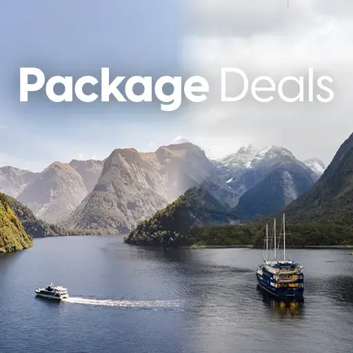 Package Deals promotional banner featuring a scenic fjord landscape with two boats sailing on calm waters surrounded by dramatic mountains.