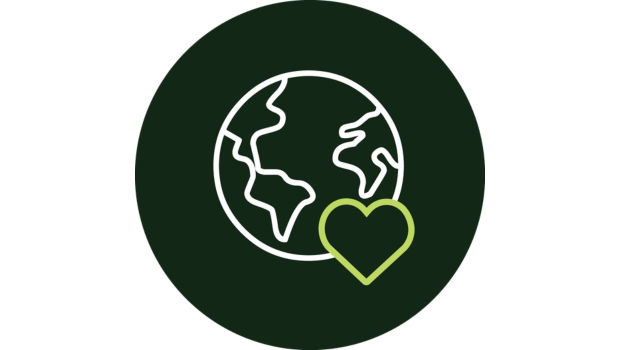 Icon of outline of the world with a green heart overlayed