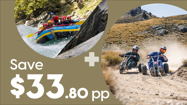 Promotional graphic showing group rafting on a river alongside a couple riding mountain carts down a dusty track, with text reading “Save $33.80 pp.”